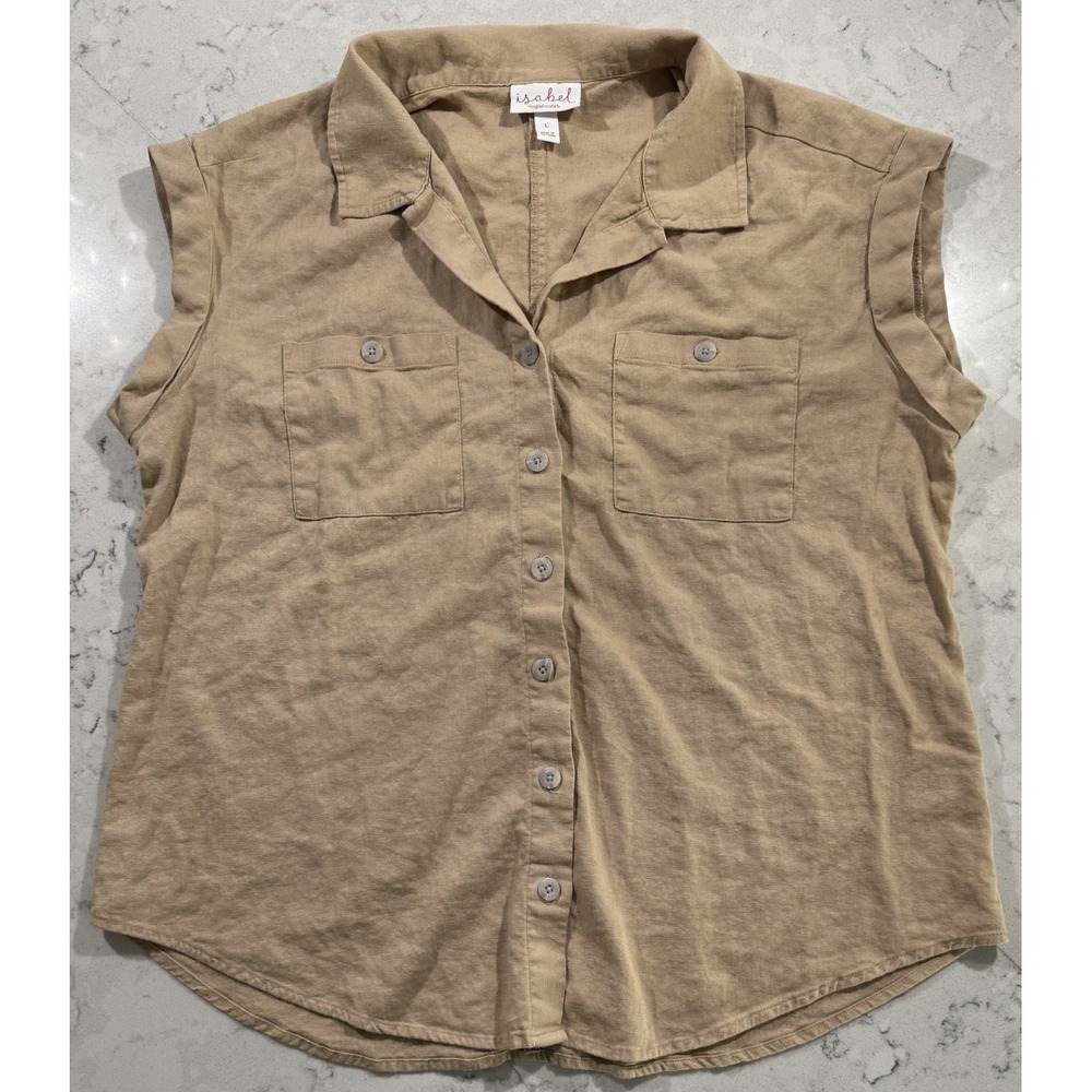 Isabel Maternity Ingrid & Isabel Tan Linen Blend Sleeveless Button Down Top L